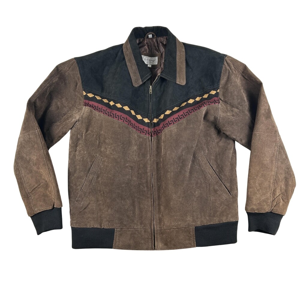 Vintage Leather Jacket Mens Large Brown Suede Bomber Southwestern Aztec Pattern